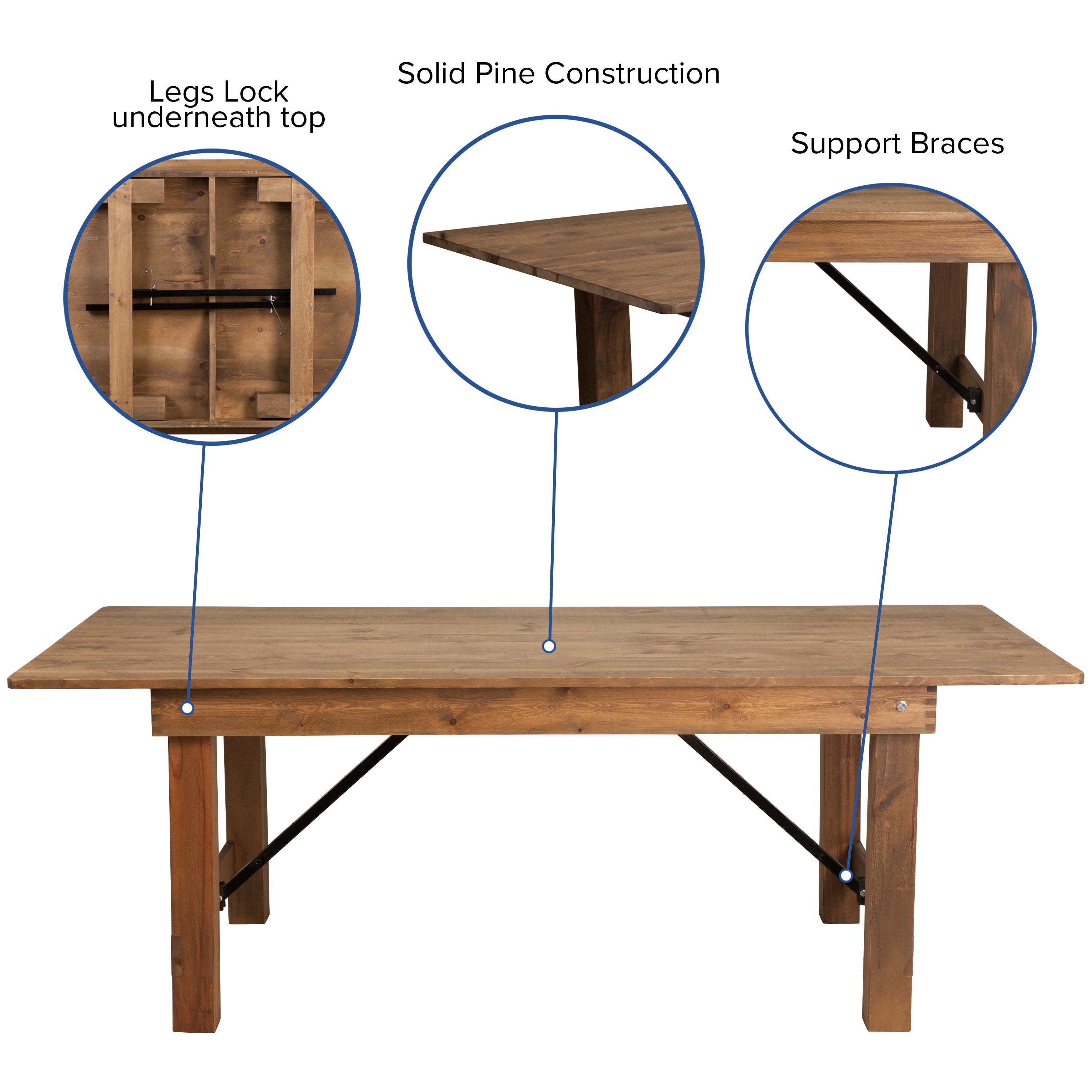 FLASH HERCULES Series Solid Pine Folding Farm Table 213.4 x 101.6 cm